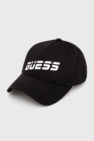 Guess czapka bawełniana kolor czarny z nadrukiem