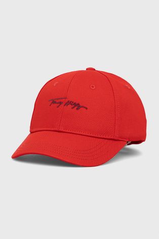 Detská bavlnená čiapka Tommy Hilfiger červená farba, s nášivkou