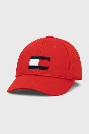 Дитяча бавовняна шапка Tommy Hilfiger колір червоний з аплікацією