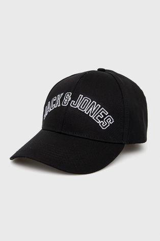 Bavlněná čepice Jack & Jones černá barva, s aplikací