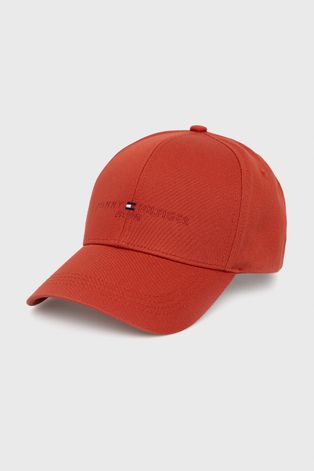 Bavlnená čiapka Tommy Hilfiger červená farba, jednofarebná