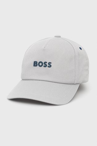 Памучна шапка BOSS Boss Casual в сиво с апликация