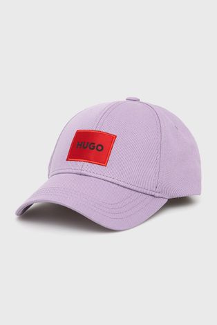 HUGO czapka bawełniana kolor fioletowy z aplikacją