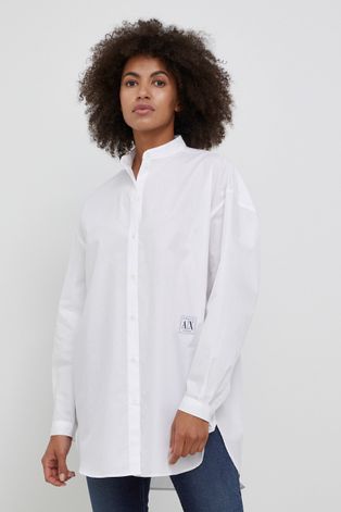 Armani Exchange Koszula bawełniana damska kolor biały relaxed ze stójką
