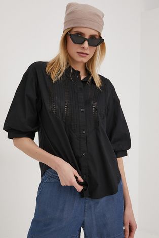 Bavlnená košeľa JDY dámska, čierna farba, voľný strih, s klasickým golierom