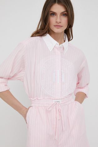 Памучна риза Tommy Hilfiger дамска в розово със свободна кройка с класическа яка