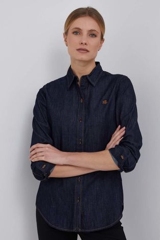 Rifľová košeľa Lauren Ralph Lauren dámska, tmavomodrá farba, regular, s klasickým golierom