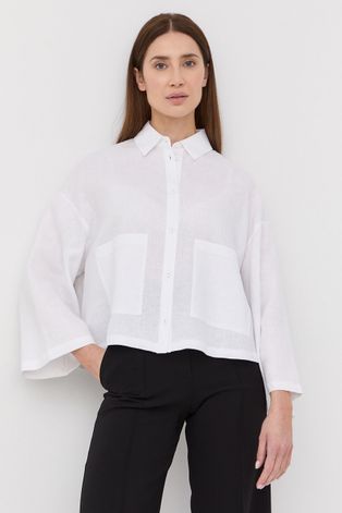 Ленена риза Max Mara Leisure дамска в бяло със свободна кройка с класическа яка