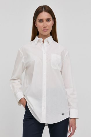 Памучна риза Weekend Max Mara дамска в бяло със свободна кройка с класическа яка
