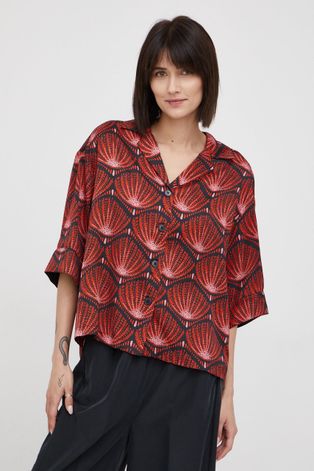 Риза Sisley дамска в червено със свободна кройка с класическа яка