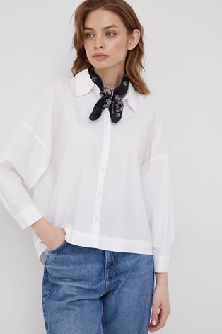 Bavlnená košeľa Sisley dámska, biela farba, voľný strih, s klasickým golierom