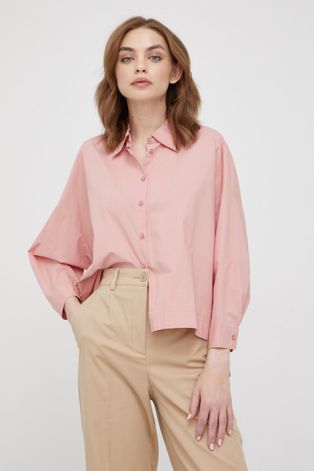 Памучна риза Sisley дамска в розово със свободна кройка с класическа яка