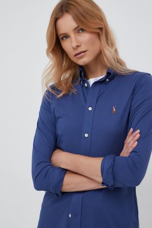 Бавовняна сорочка Polo Ralph Lauren жіноча колір синій slim класичний комір