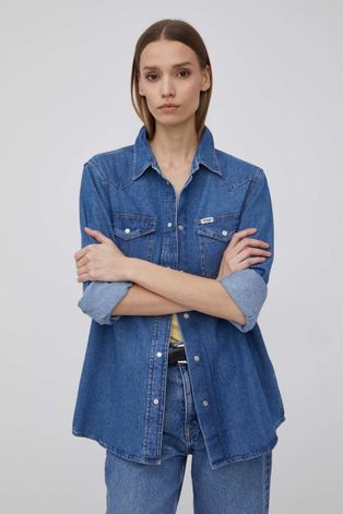 Wrangler camasa jeans femei, culoarea albastru marin, cu guler clasic, regular