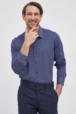 Bavlněné tričko Boss pánská, tmavomodrá barva, regular, s klasickým límcem