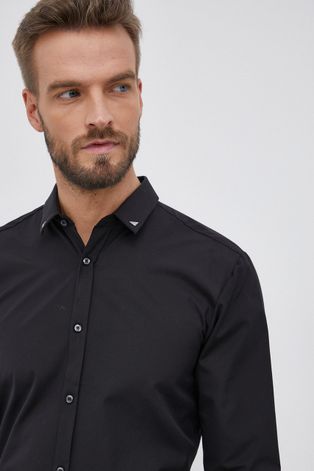 Bavlněné tričko Hugo pánské, černá barva, slim, s klasickým límcem