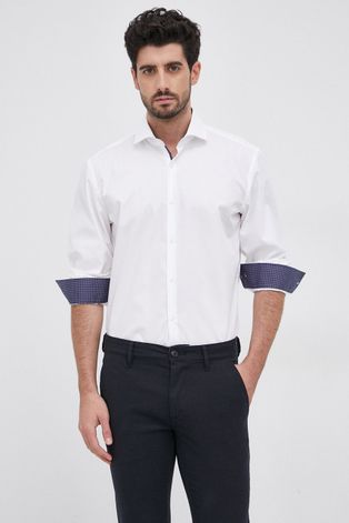 Bavlněné tričko Hugo pánské, bílá barva, slim, s klasickým límcem