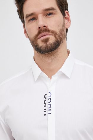 Bavlněné tričko Hugo pánská, bílá barva, slim, s klasickým límcem