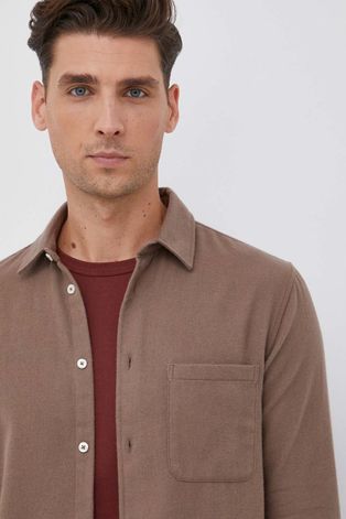 Памучна риза Samsoe Samsoe мъжка в кафяво със стандартна кройка с класическа яка