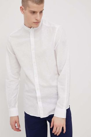 Риза с лен Only & Sons мъжка в бяло с кройка по тялото с права яка