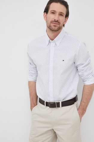 Bavlněné tričko Tommy Hilfiger pánská, bílá barva, slim, s límečkem button-down