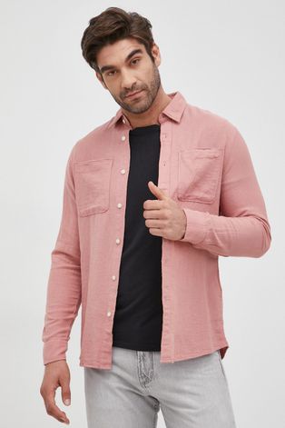 Риза с лен Selected Homme мъжка в розово с кройка по тялото с класическа яка