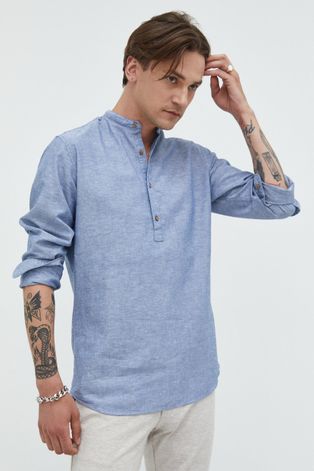 Рубашка с примесью льна Premium by Jack&Jones мужская цвет фиолетовый slim со стойкой