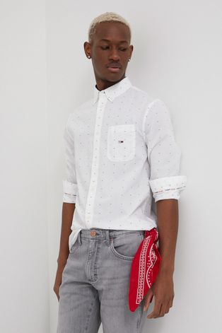 Βαμβακερό πουκάμισο Tommy Jeans ανδρικό, χρώμα: άσπρο,