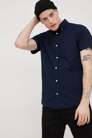 Bavlnená košeľa Produkt by Jack & Jones pánska, tmavomodrá farba, regular, s golierom button-down