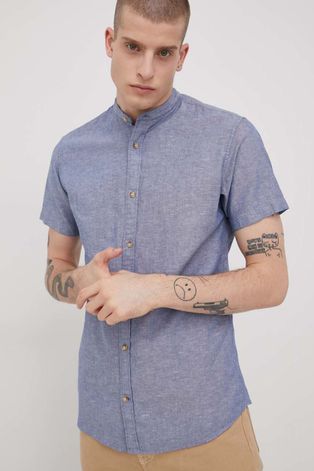 Produkt by Jack & Jones koszula z domieszką lnu męska kolor niebieski regular ze stójką