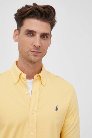 Bavlnená košeľa Polo Ralph Lauren pánska, žltá farba, regular, s golierom button-down