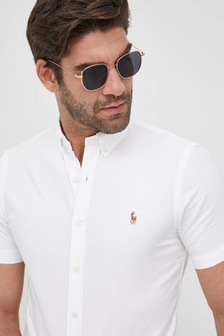 Памучна риза Polo Ralph Lauren мъжка в бяло с кройка по тялото с яка с копче
