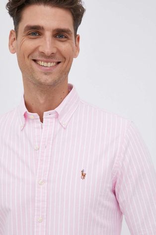 Bavlnená košeľa Polo Ralph Lauren pánska, ružová farba, slim, s golierom button-down