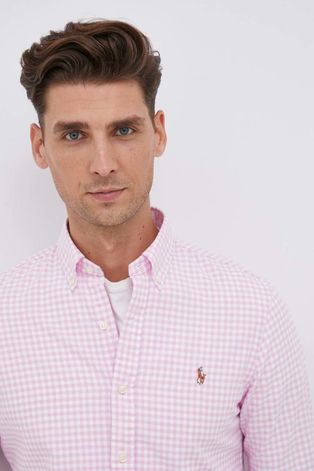 Bavlnená košeľa Polo Ralph Lauren pánska, ružová farba, slim, s golierom button-down