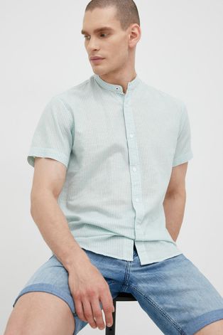 Рубашка с примесью льна Premium by Jack&Jones мужская цвет бирюзовый slim со стойкой