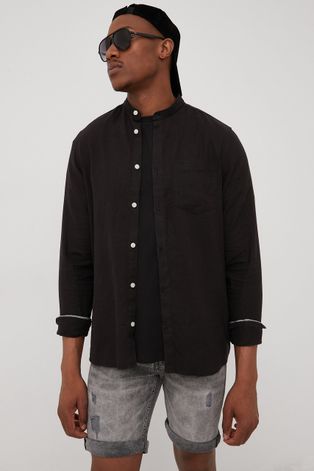 Ленена риза Solid мъжка в черно със стандартна кройка с права яка