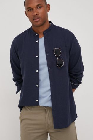 Ленена риза Solid мъжка в тъмносиньо със стандартна кройка с права яка