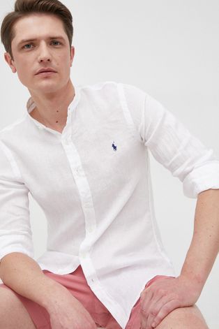 Льняная рубашка Polo Ralph Lauren мужская цвет белый slim со стойкой