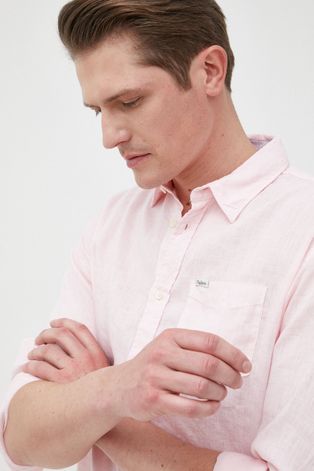 Plátěná košile Pepe Jeans Parkers pánská, růžová barva, regular, s klasickým límcem