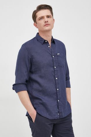 Lanena košulja Pepe Jeans Parkers za muškarce, boja: tamno plava, regular, s klasičnim ovratnikom