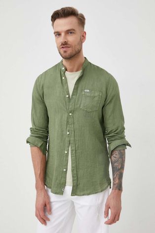 Ľanová košeľa Pepe Jeans Patwin pánska, zelená farba, regular, so stojačikom