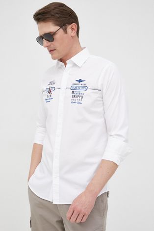 Риза Aeronautica Militare мъжка в бяло с кройка по тялото с класическа яка