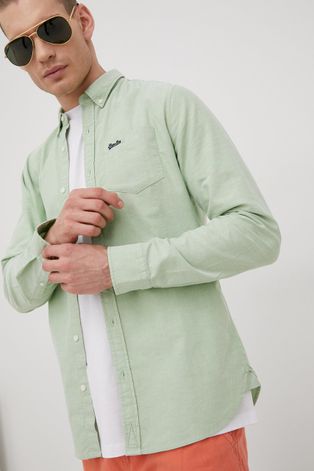Памучна риза Superdry мъжка в зелено със стандартна кройка с яка с копче