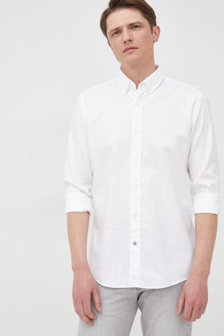 Памучна риза BOSS мъжка в бяло с кройка по тялото с яка с копче
