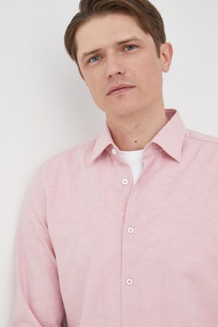 BOSS koszula z domieszką lnu męska kolor różowy slim z kołnierzykiem włoskim