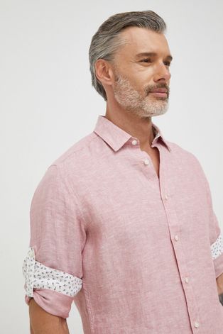 Boss koszula lniana męska kolor różowy regular z kołnierzykiem klasycznym