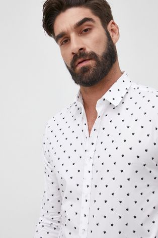 Pamučna košulja HUGO za muškarce, boja: bijela, slim, s klasičnim ovratnikom