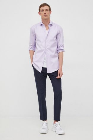 Βαμβακερό πουκάμισο HUGO ανδρικό, χρώμα: μοβ,