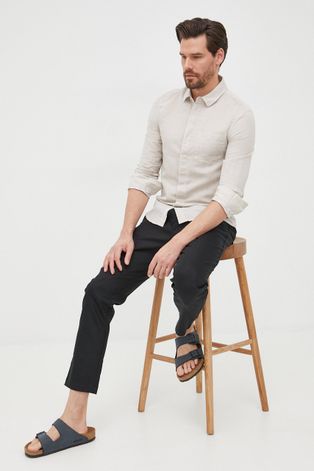 Lanena košulja Calvin Klein za muškarce, slim, s klasičnim ovratnikom