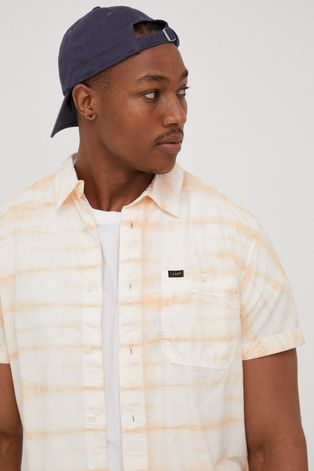 Bavlnená košeľa Lee pánska, béžová farba, regular, s klasickým golierom